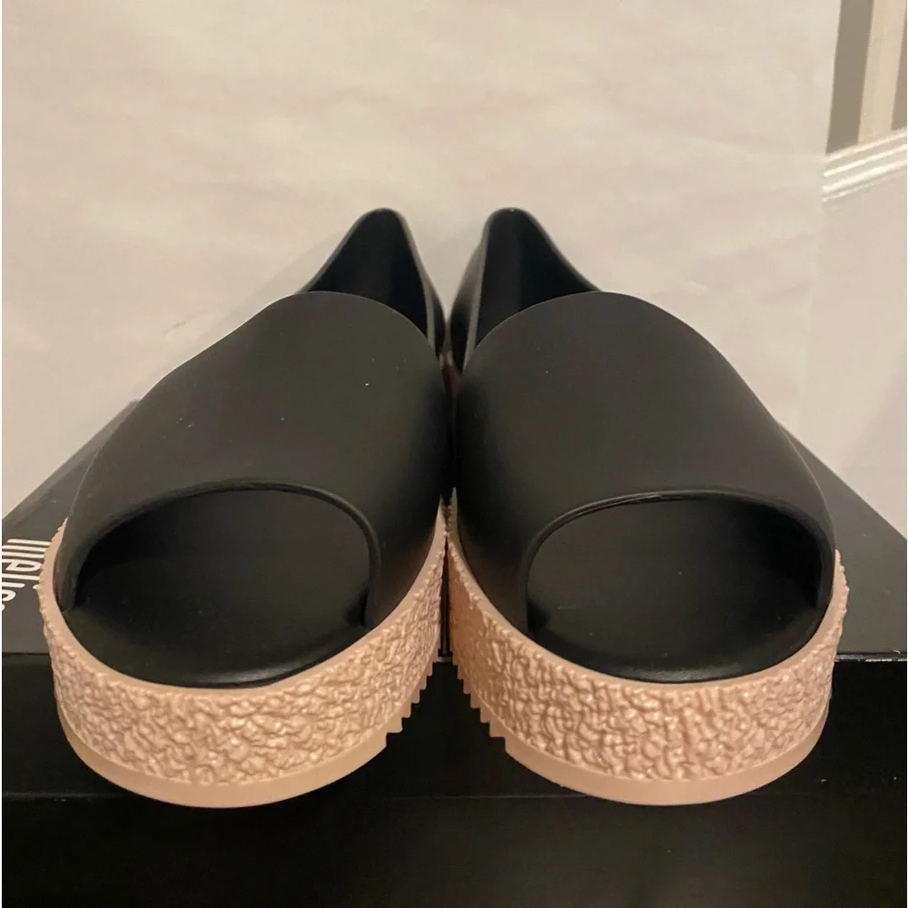 Melissa Puzzle Ad Flats Rubber Platform Open Toe Slip On In Black Size 6